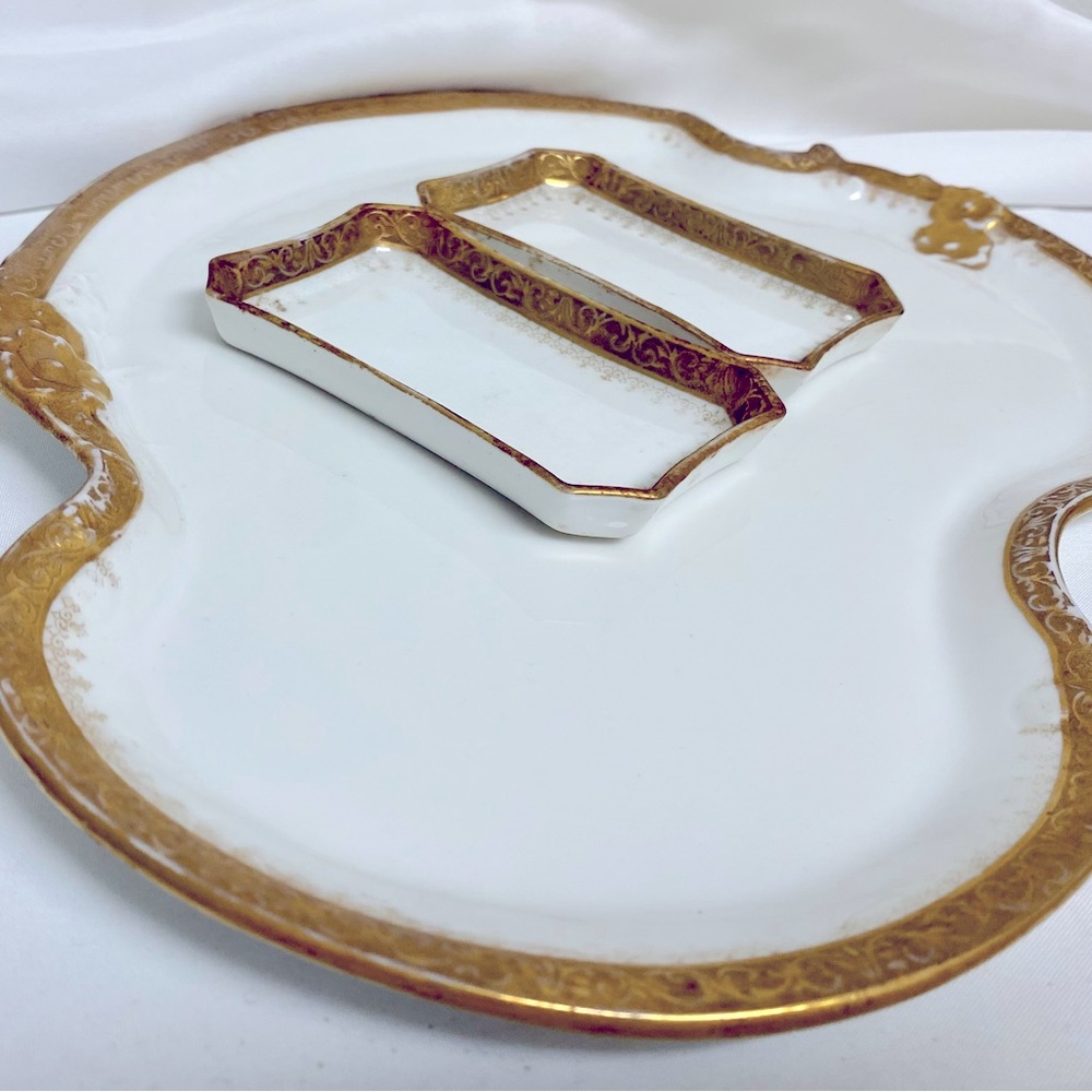 Limoges Porcelain Vanity Tray Set White with Gold Gilt Circa early 1900s